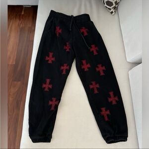 UNKNOWN BLACK SWEATPANTS JOGGERS W/ RED MINI RHINESTONE CROSSES SIZE MEDIUM